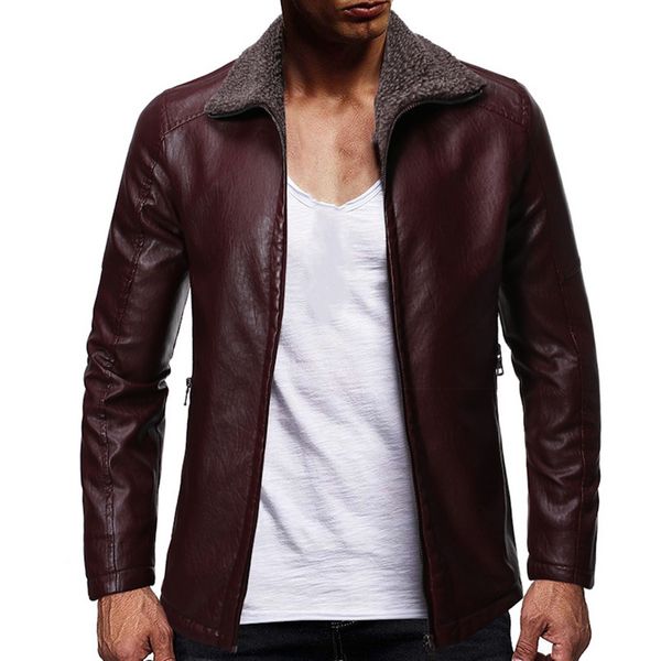 

vogue nice autumn winter men vintage winter zipper closure warm leather fur jacket motorcycle long sleeve warm jacket, Black