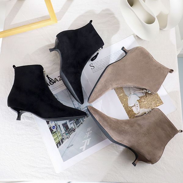 

thick heel boots women suede single boots artificial short plush british wind pointed female thin boots2019newwomen'sshoes, Black