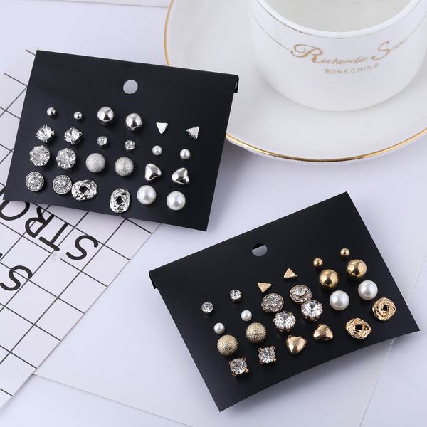

12 pairs /pack women gold silver color stud earrings crystal set piercing earring for elegant jewelry fashion gift, Golden;silver