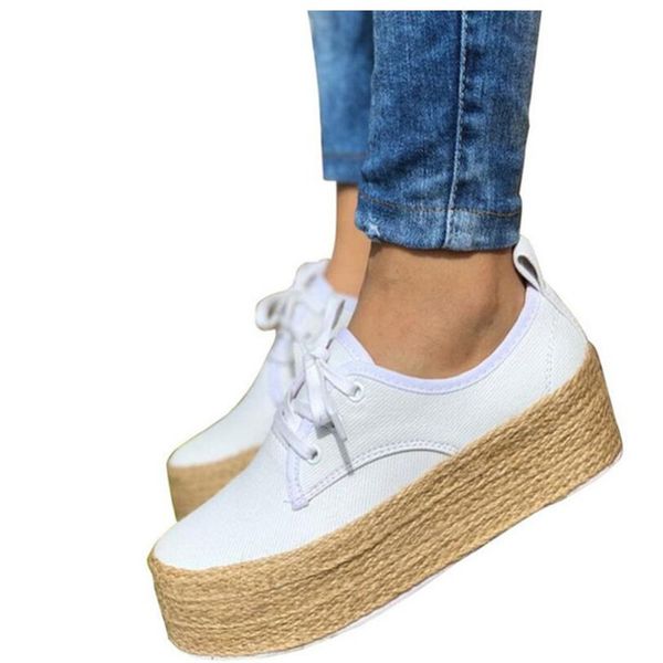 

canvas flats 2019 fashion women ladies espadrille shoes thick bottom flats shoes girls lace up round toe casual, Black