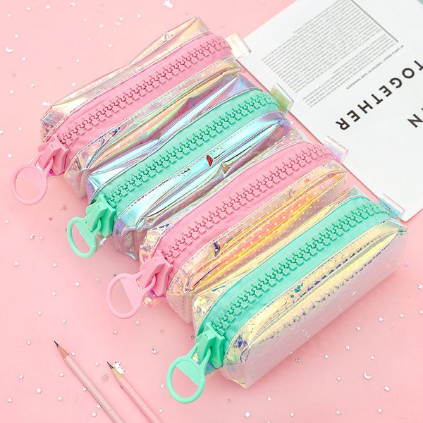 

large capacity large zipper multicolour pencil case pen pouch holographic pvc school pencil organizer bag for girl students