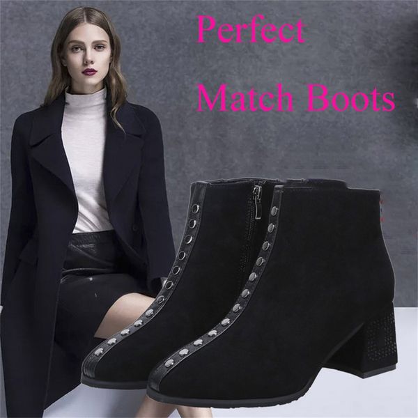 

women ankle boots platform women's ankle fashion winter med rivets square toe elegant hoof heel zip boots botas de mujer#g4, Black