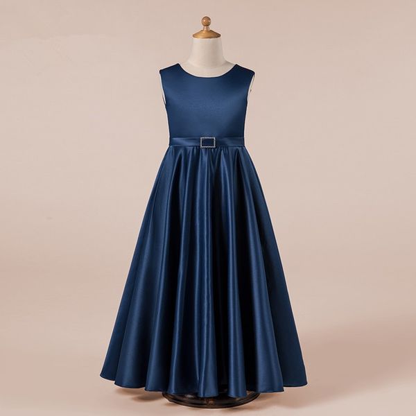 

jewel neck satin flower girl dress for wedding 2019 floor length kids gowns long christening dress, White;blue
