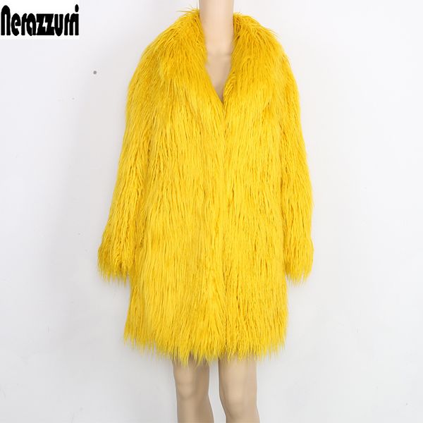 

jacket women's winter coat faux fur women long sleeve yellow elegant fluffy shaggy fake fur coats female outerwear, Black