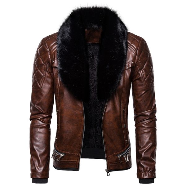 

men's leather jackets winter warm fleece coats thick outerwear zipper motorcycle male pu outerwear business winter fur jacket, Black
