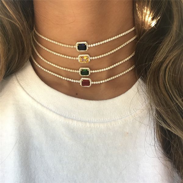 Leced out tennis цепи choker ожерелья роскошный золотой серебряный мода розовый желтый bling горный хрусталь воротник ожерелье вечеринка украшения подарок для женщин