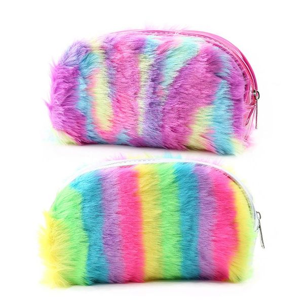 

rainbow plush pencil case cute large capacity pencil box school supplies stationery gift women travel makeup hand bags