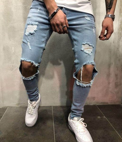 

мужские джинсы ретро старый нищий брюки коленных hole тонкий джинсы ультрамодного мужские брюки 1111, Blue