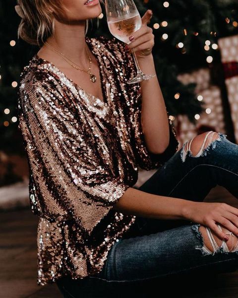 

women's t-shirt 2021 fashion summer women clubwear sequin v neck t-shirts loose half sleeve casual, White