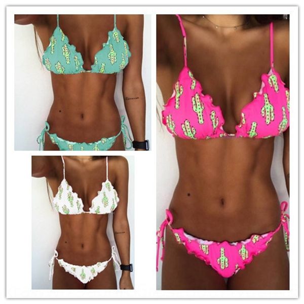 

four-size cactus printed female straps flounder four-size cactus printed swimsuit bikini female straps swimsuit flounder bikini, White;black