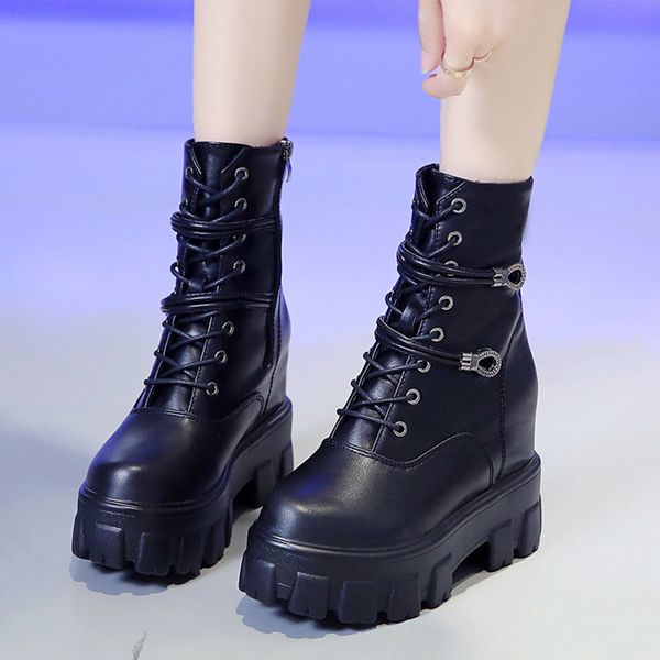 

rimocy hidden heels chunky platform ankle boots for women short plush inside autumn winter shoes woman punk pu leather booties, Black