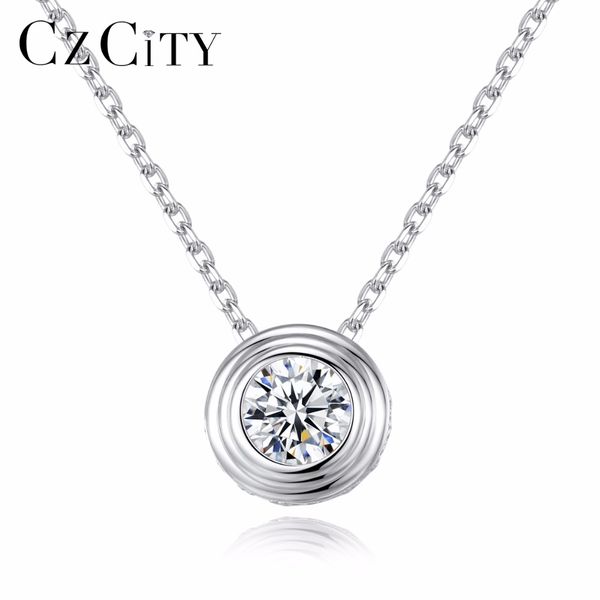 

czcity classic 1 clear cubic zirconia delicate round pendant with italy box chain women necklace new 2018 fine jewelry, Silver