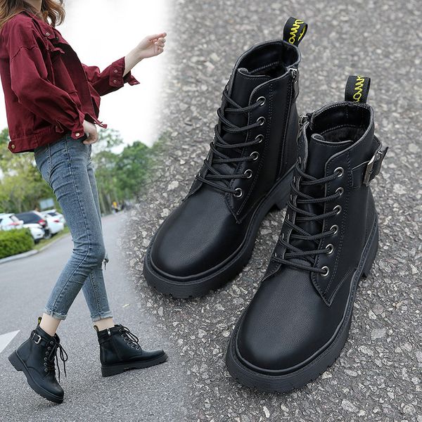

zipper boots women new 2019 round toe rock shoes woman booties ladies winter footwear thigh high heels high lace up, Black