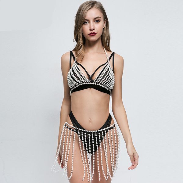 

handmade pearl chest body chain pearl beading dress women summer beach hollow nightclub party outfit skirts, Blue;gray