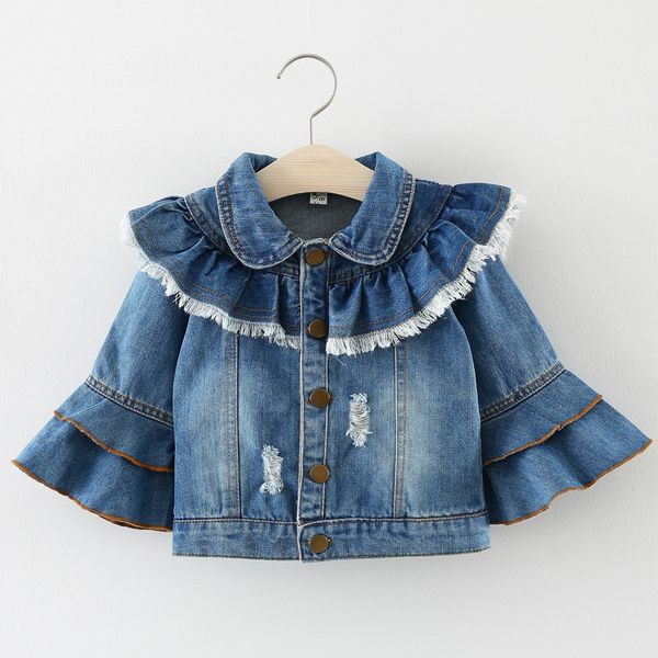 

dulce amor baby girls denim coat girls hole jeans jackets coats 2018 fashion fall children outerwear kids denim ruffles, Blue;gray