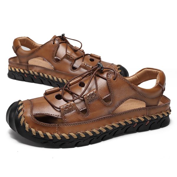 

sandals men casual summer sandalias genuine leather closed toe large size shoes casual handmade sewing sandalia, Black