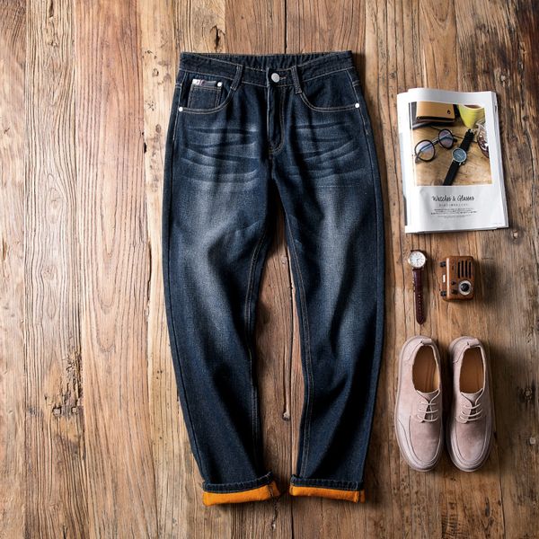 

mens winter jeans mens new fashion casual straight solid fleece thicken warm denim pants cotton jeans plus size 40, Blue