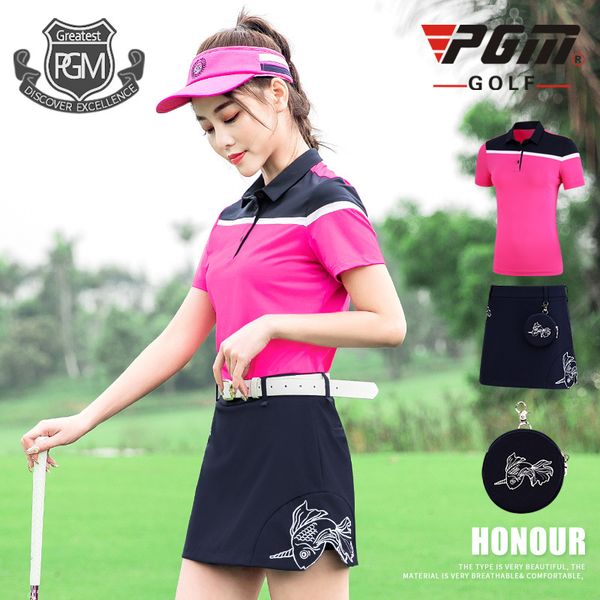

pgm ladies patchwork skirt set summer women short-sleeved t-shirt printed slim skirt breathable golf sportswear d0776, Black;blue