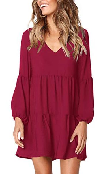 

dasbayla women's casual pleated puff long sleeve v-neck ruffle hem swing midi dresses, Black;gray