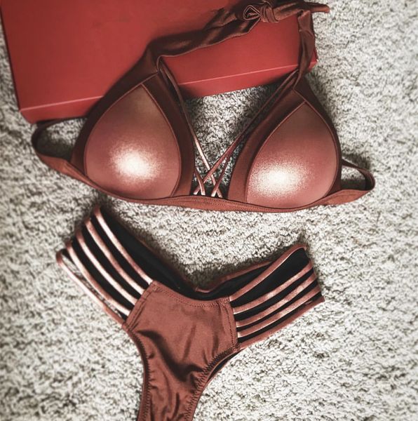 

women's swimwear bronze stitching bikini set bandage split swimsuit push up brazilian bikini bathing suit beachwear 6colors