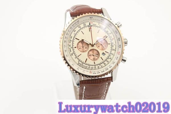 

special edition brand quartz -watch men white dial gold fluted case leather belt silver skeleton 1884 navitimer watch hkpost, Slivery;brown