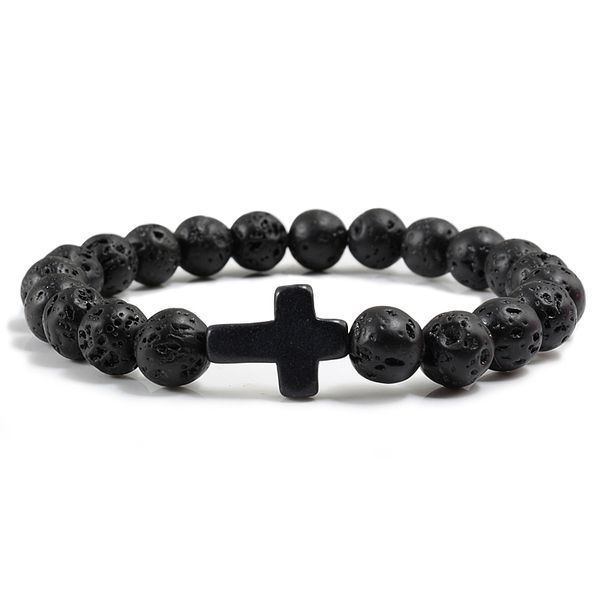 

women boho turquoises bracelet new style cross bracelet men natural frosted matte volcanic lava rock stone beaded bracelets men, Black