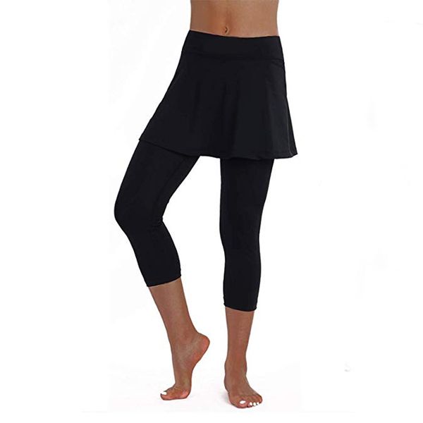 

women leggings with skirt solid slim elastic sportswear trousers pants fashion workout fitness cropped culottes trouser legin#5$, Black