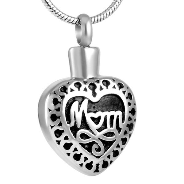 

ijd8372 stainless steel mom love heart pattern cremation for ashes urn keepsake memorial pendant for mother with chain, Silver
