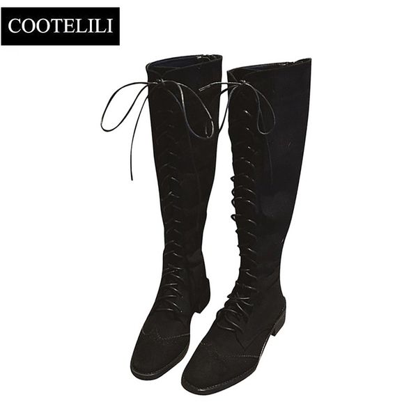 

cootelili fashion knee high boots for women rubber shoes women lace-up brogue boots autumn winter ladies shoes 35-39, Black