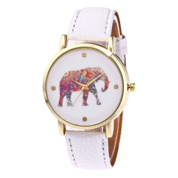 

new couple quartz watch colourful elephant pattern litchi leather strap white round dial quartz watches, Slivery;brown
