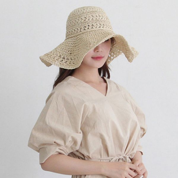 

women summer hats sun beach panama straw hat wide wave brim folded outdoor caps leisure holiday raffia cap visors hat