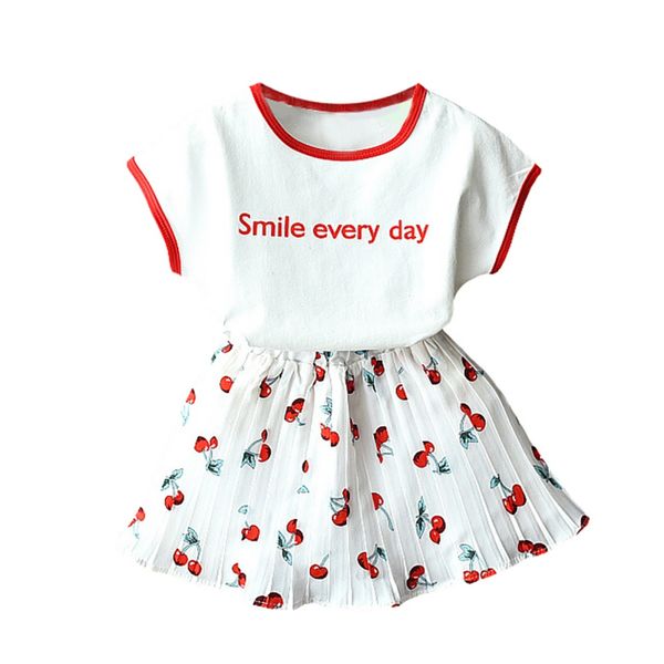 

two-pie new girl suit skirt children's foreign short-sleeved t-shirt girls shorts outfits cute cherry pleated short skirt, White