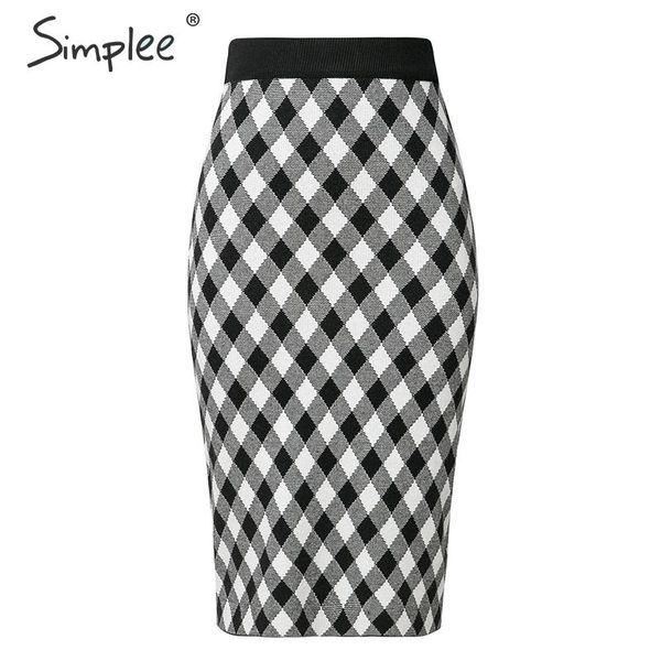 

simplee vintage plaid knitted skirt women high waist autumn winter female straight midi skirts casual soft ladies sweater skirts, Black