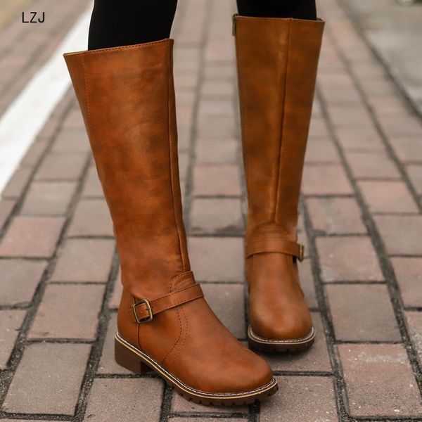 

thigh high boots brown women vintage leather square heel zipper knee height buckle boot keep warm round toe shoes british style, Black