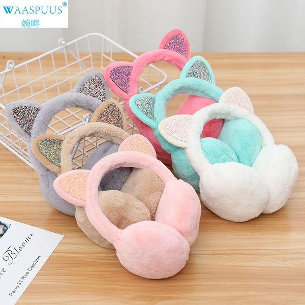 

new arrival waaspuus fashion cat ears shiny ear cover winter cute cartoon earmuffs cold ear warmer casual muffs, Blue;gray