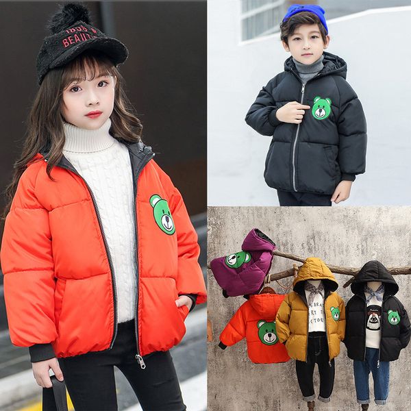 

2019 new style toddler kids boys girls winter cartoon windproof coat hooded warmer outwear jacket winterjas children clothing, Blue;gray