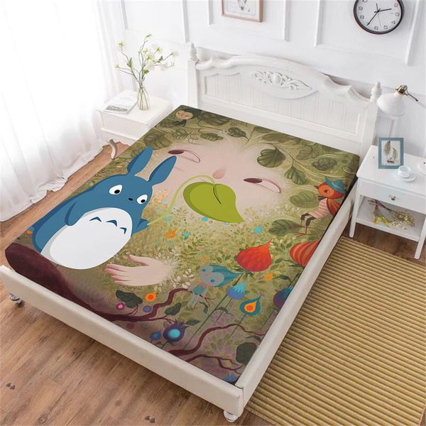 

cute totoro bed sheet cartoon green leaves plant print fitted sheet twin full king queen bedding kids bedclothes deep pocket d45