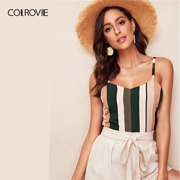 

colrovie multicolor spaghetti strap striped casual cami women 2020 summer streetwear color block ladies tee shirts, White
