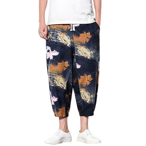 

2019 men's summer fashion leisure ethnic style pants loose plus size printing linen ankle-length pant pant, Black