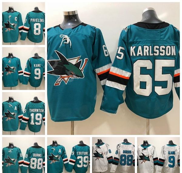 

2019 hockey jerseys 65 erik karlsson jersey men hockey 88 brent burns 9 evander kane 19 joe thornton joe pavelski green white black, Black;red