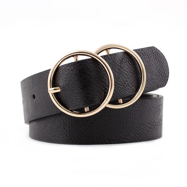 

olome vintage black leather belt women white gold double round buckle waist belts female wide 3.2cm jeans belt for ladies, Black;brown