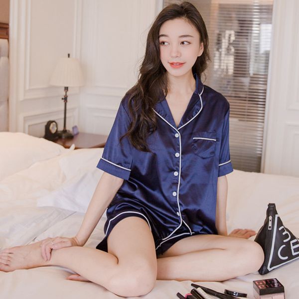 

ice silk pajamas female summer korean silk home service summer short-sleeved shorts can be worn outside the suit, Blue;gray