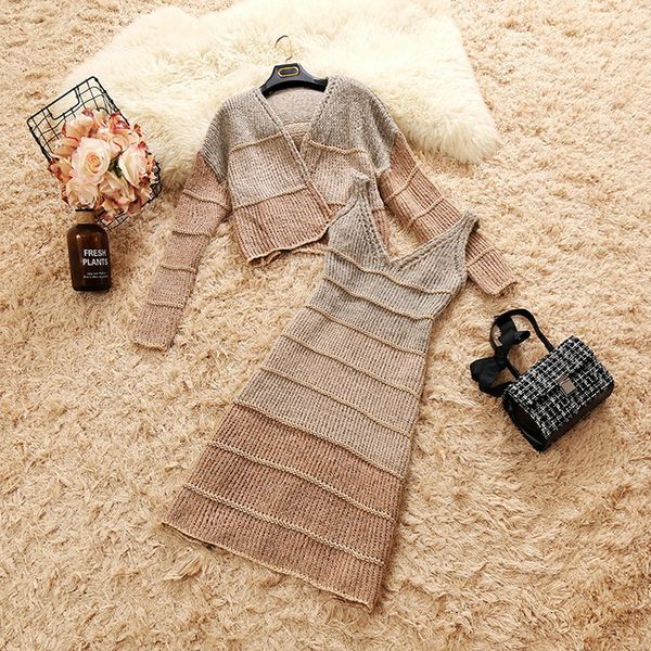 

2018 autumn winter new female sets women's colorblock long sleeve cardigan knit jacket + v-neck strap knitted dress women set, Gray