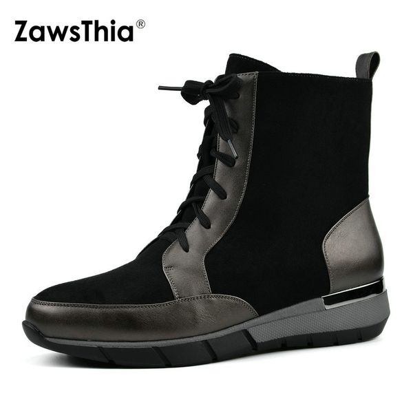 

zawsthia 2018 new around toe wedge heels shoes woman lace up patchwork women casual shoes sneakers boots ankle ladies botas, Black