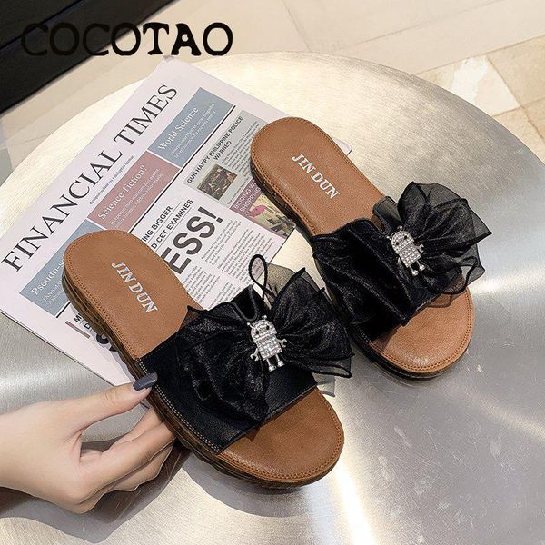 

fairy wind slippers female summer wear 2020 new cute ins tide bowknot fashion wild temperament comfortable sandals and slippers, Black