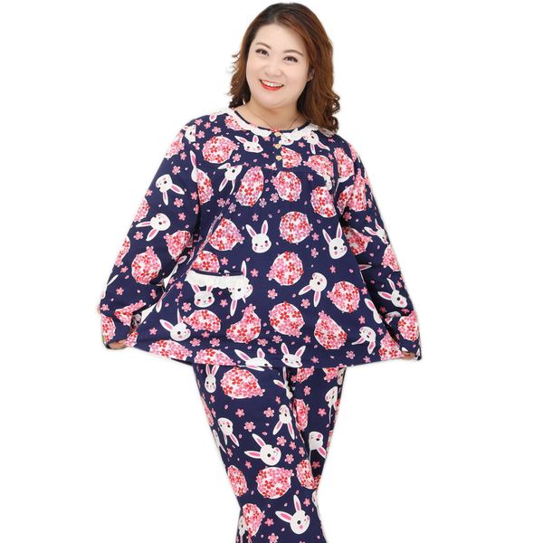 

large plus size 130kg xxxxxl sweet cherry rabbit pajamas sets women summer 100% cotton long sleeves trousers sleepwear women, Black;red