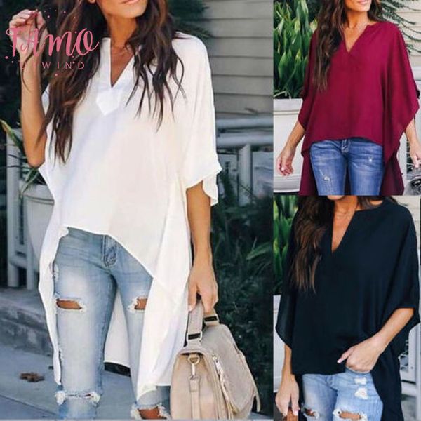

womens clothing chic elegant irregular v neck blouses batwing sleeve plus pullover applique shirts drop shipping, White