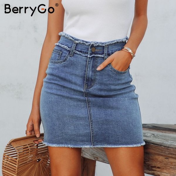 

berrygo pencil denim skirts women skirt tassel high waist bodycon mini skirt female streetwear jeans summer skirts 2019, Black;gray
