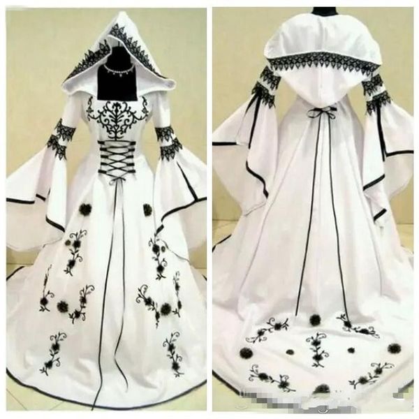 

classic a-line black lace embroidery white satin gothic wedding dresses with hat flowers adorned vestidos de mariee plus size bridal gowns