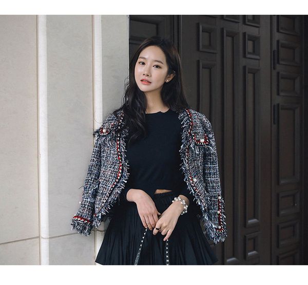 

fashion runway tweed jacket coat 2019 autumn winter women fringed trim long sleeves front pockets with pearls detail, Black